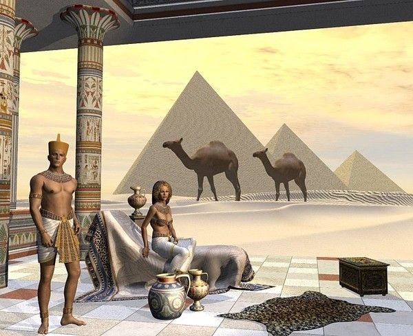 Préhistoire - Paysage pyramides, chameaux