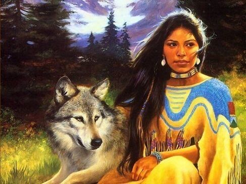 Autochtones Amérindiens - Femme robe jaune avec Loup