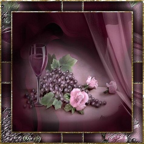Cadre - Verre de vin, raisin, roses