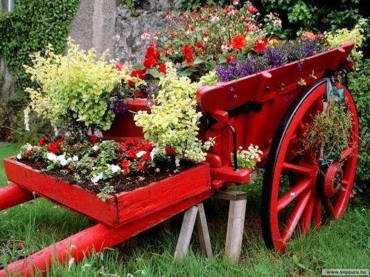 Fleurs Jardinage - Chariot rouge de fleurs