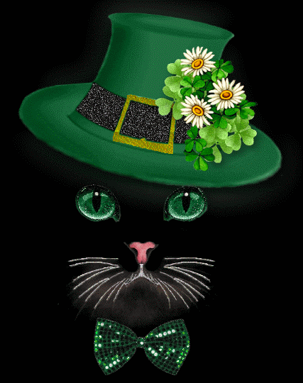 Chat noir au chapeau vert