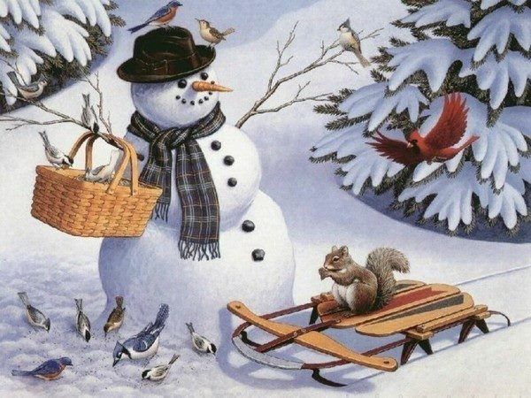 Animaux Écureuil - Bonhomme de neige, traîneau