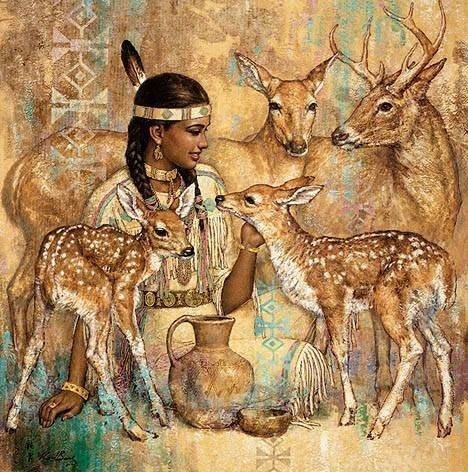 Autochtones Amérindiens - Femme et Faon, Biche, Cerf