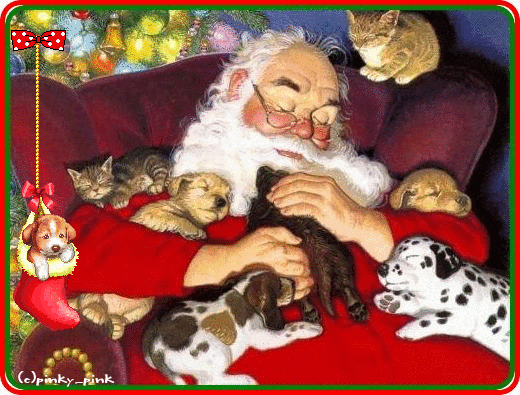 Noël - Père Noël avec chiens et chats