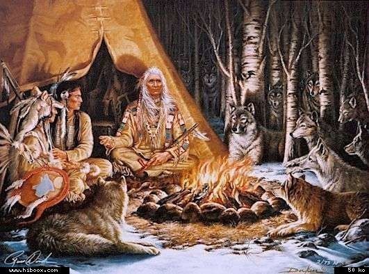 Autochtones Amérindiens - Hommes dans la nuit avec Loups