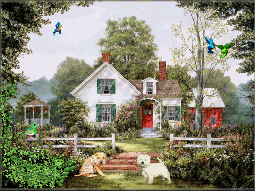 Paysage - Maison et chiens