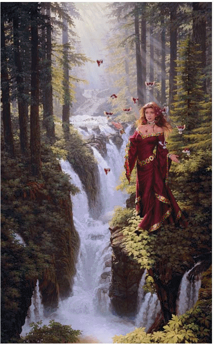 Paysage Forêt - Femme vêtue en rouge, chute d'eau