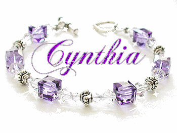 Prénom - Cynthia, bracelet cubes mauves scintillants